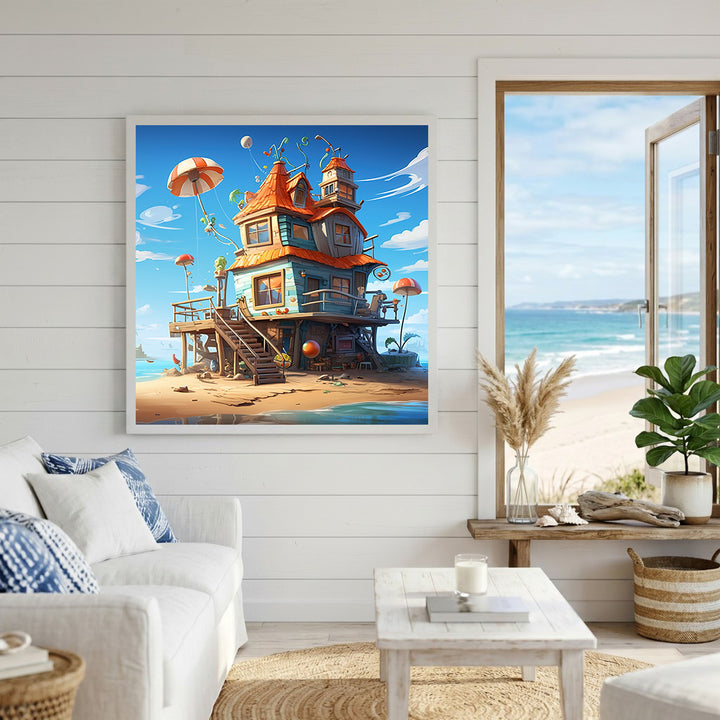 Wadi Home whimsical beach house artwork with orange roof, blue walls, umbrellas, and balloons on a sandy beach.