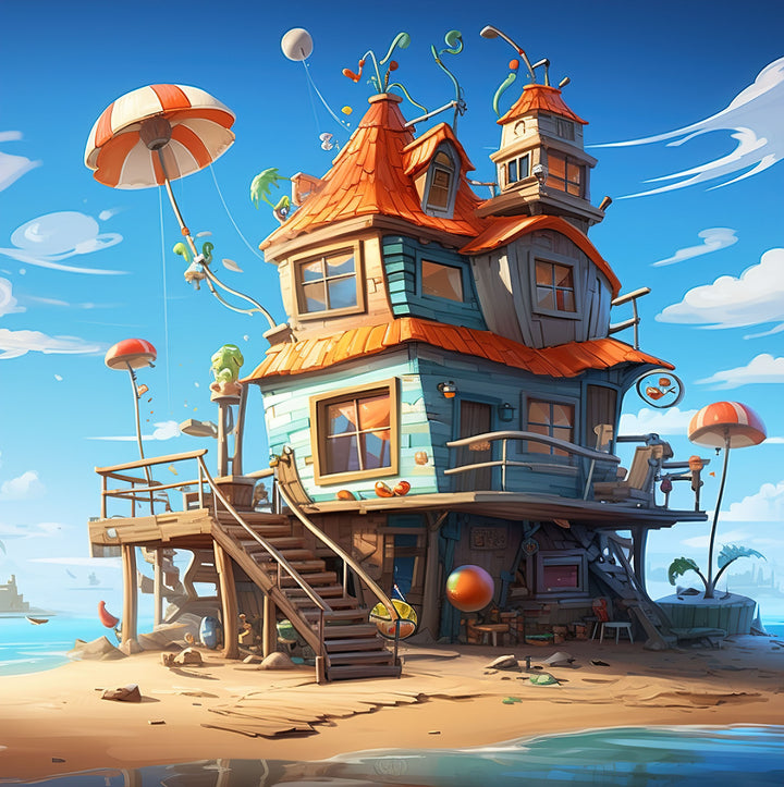 Wadi Home whimsical beach house artwork with orange roof, blue siding, umbrellas, and balloons on a sandy beach.