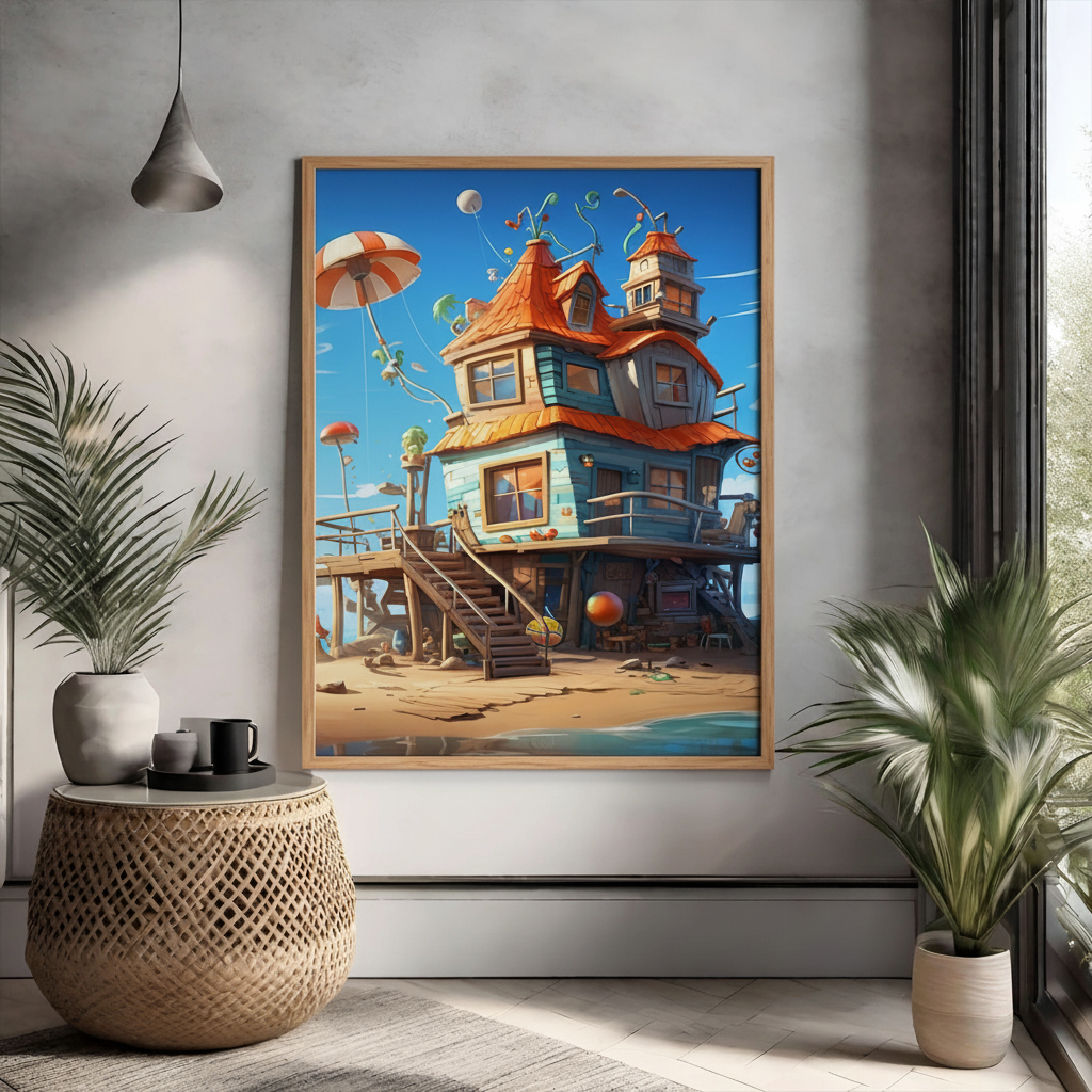 Colorful whimsical beach house on stilts with seaside elements and bright sky