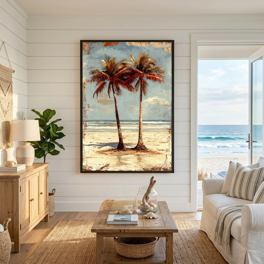 Wadi Home tropical palm trees beach wall art with vintage charm and textured finish. Features two palm trees on a sandy beach with ocean backdrop.