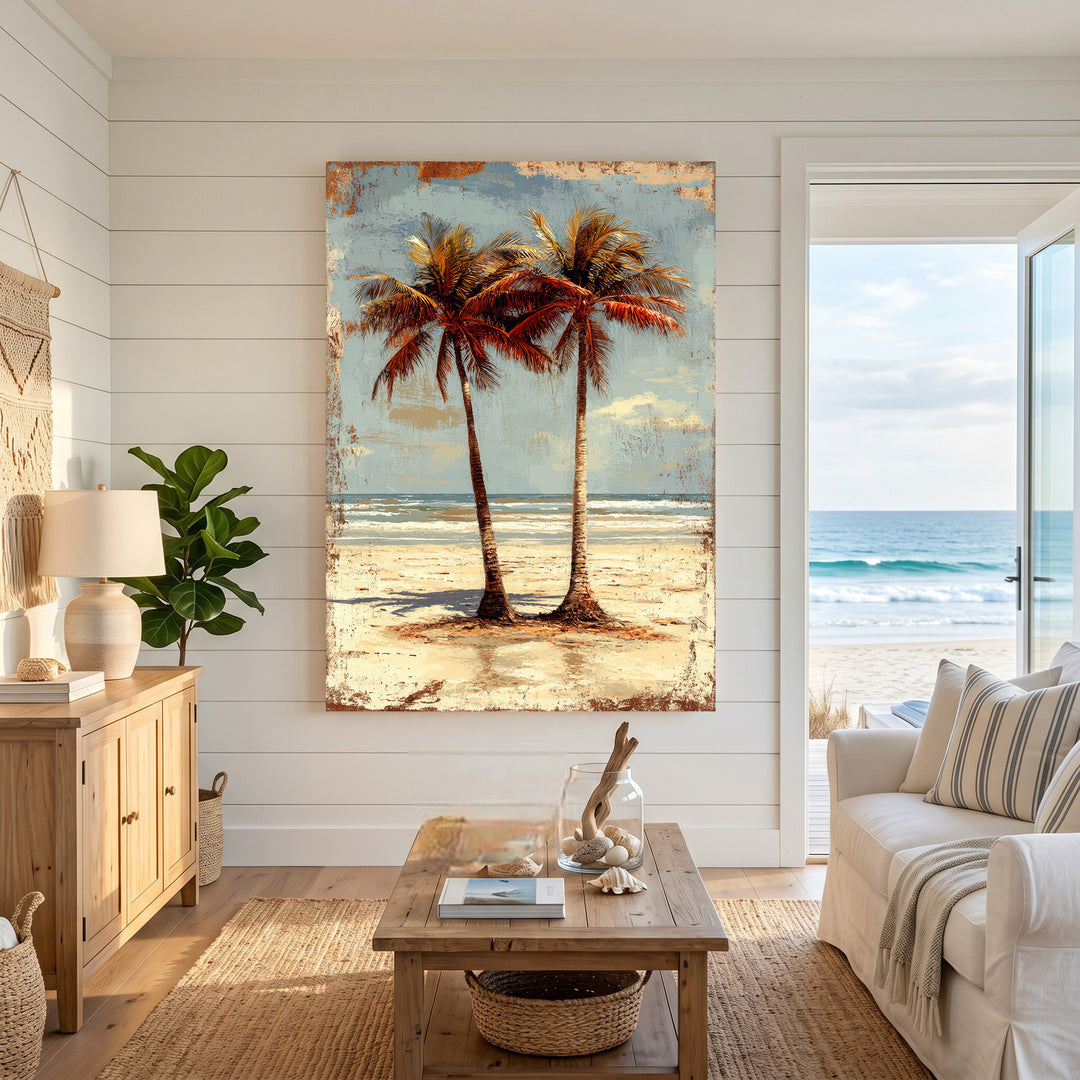 Wadi Home tropical palm trees beach wall art with vintage charm and textured finish.