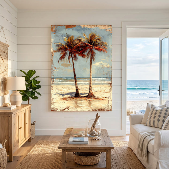Wadi Home tropical palm trees beach wall art with vintage charm and textured finish.