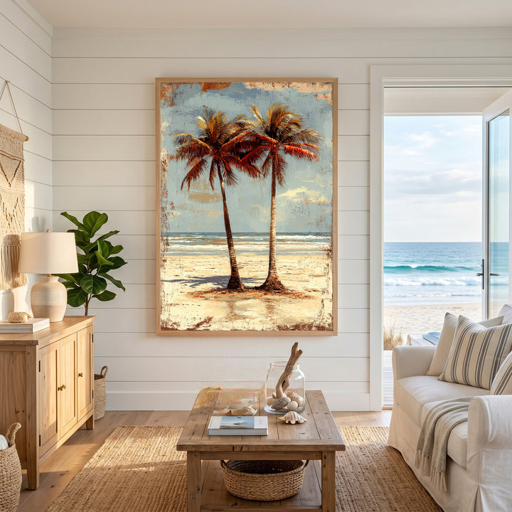Wadi Home tropical palm trees beach wall art with vintage charm and textured finish, depicting two palm trees on a serene ocean backdrop.