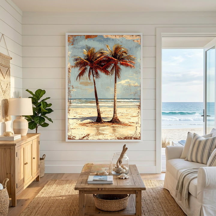 Wadi Home framed tropical beach wall art with two palm trees and ocean view, vintage textured finish.