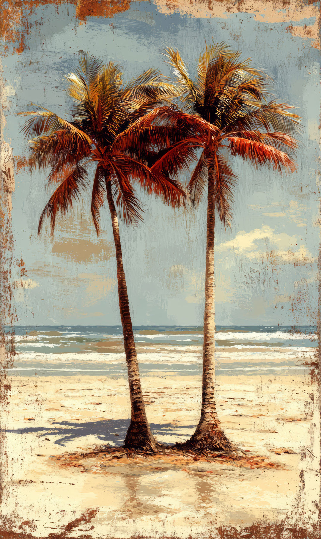 Wadi Home tropical palm trees beach wall art with vintage charm and textured finish.