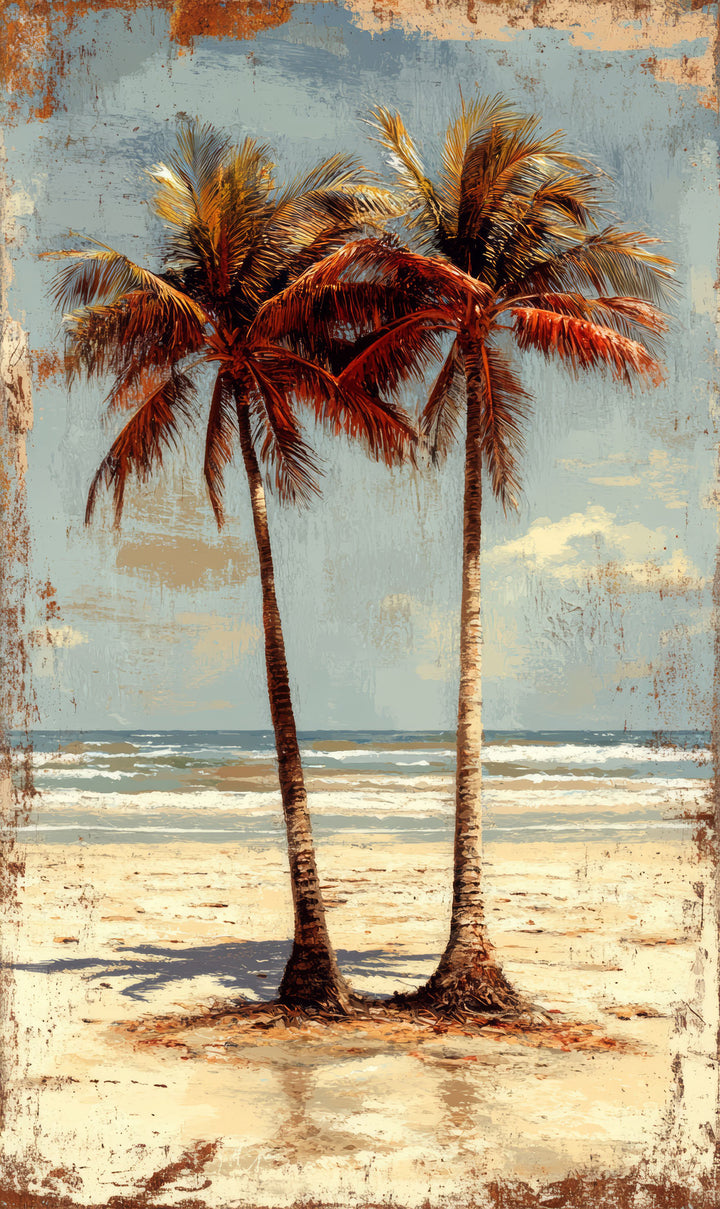 Wadi Home tropical palm trees beach wall art with vintage charm and textured finish.