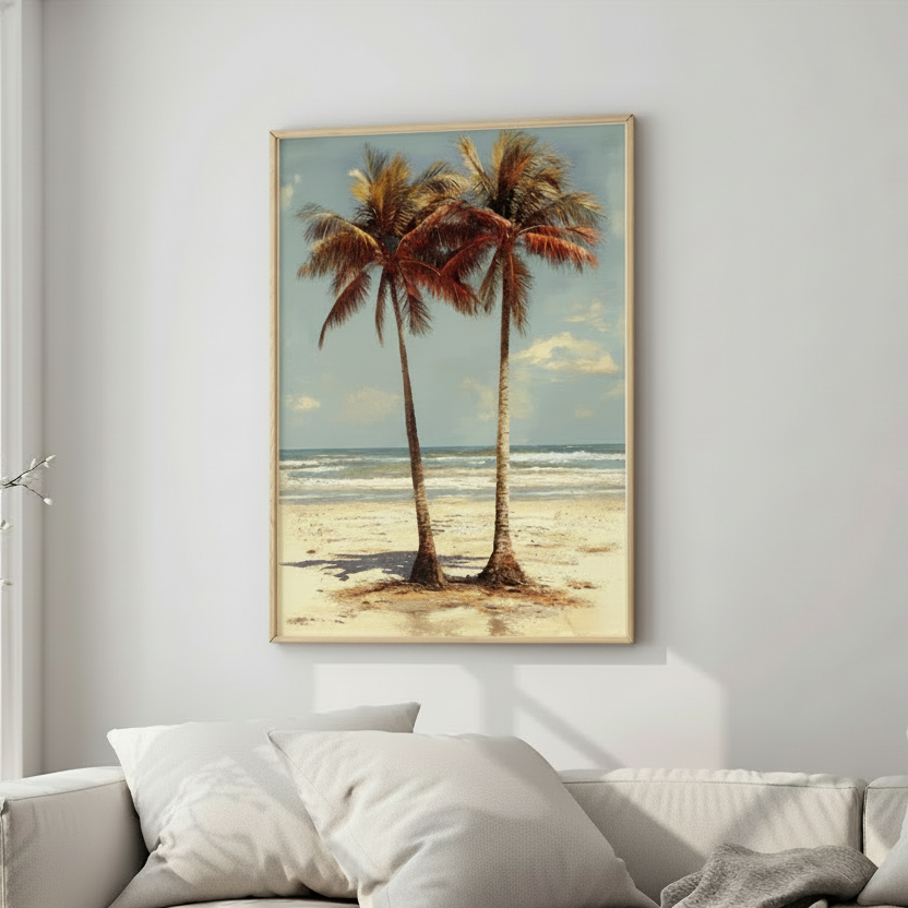 Two palm trees on a sandy beach with ocean view wall art