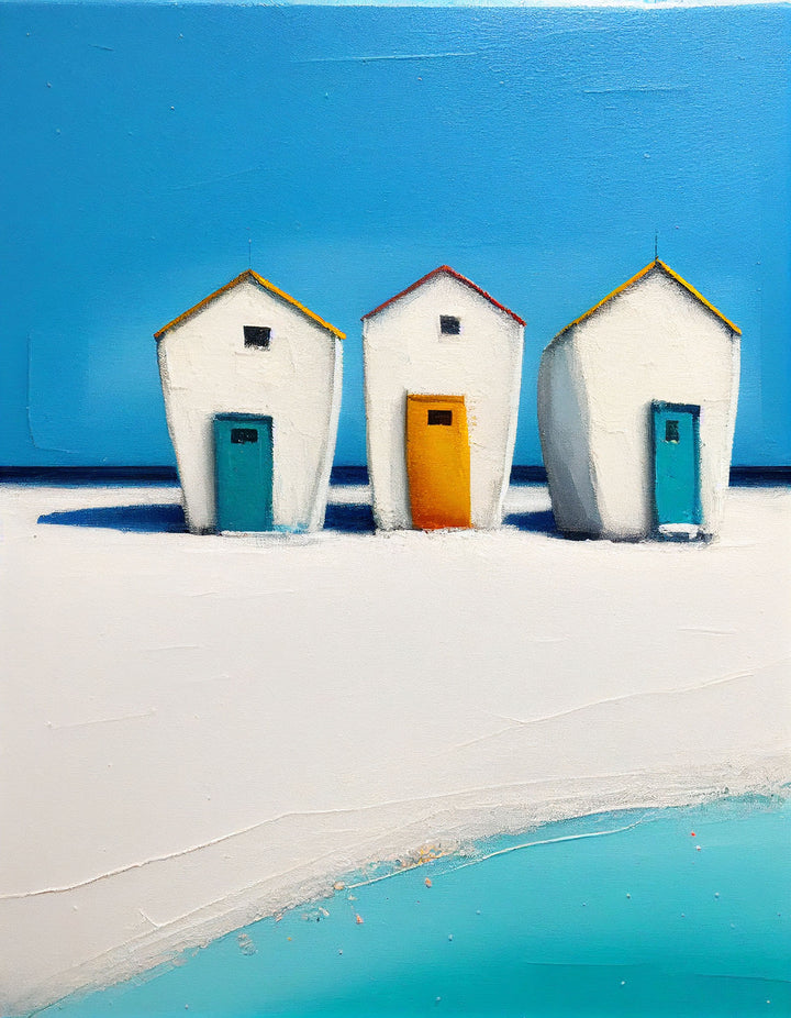 Wadi Home painting of three white beach huts with teal and orange doors on a white sandy beach with turquoise water and blue sky.