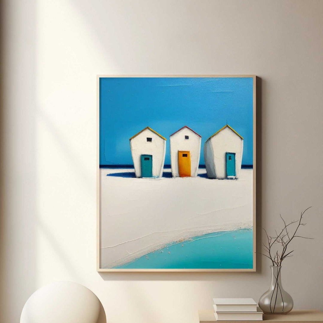 Minimal beach houses wall art with blue sky and ocean tones in modern interior