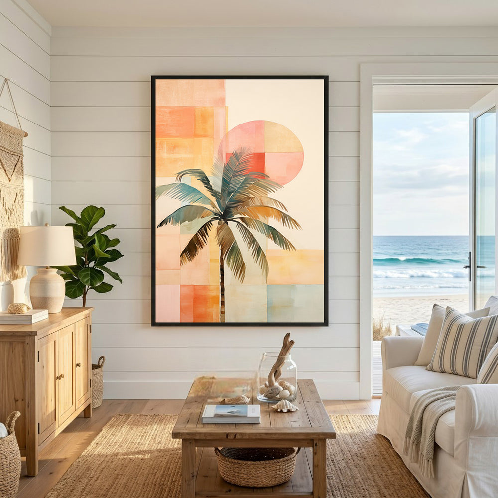 Wadi Home abstract palm tree canvas art with watercolor style and geometric sunset hues. Ready to hang.