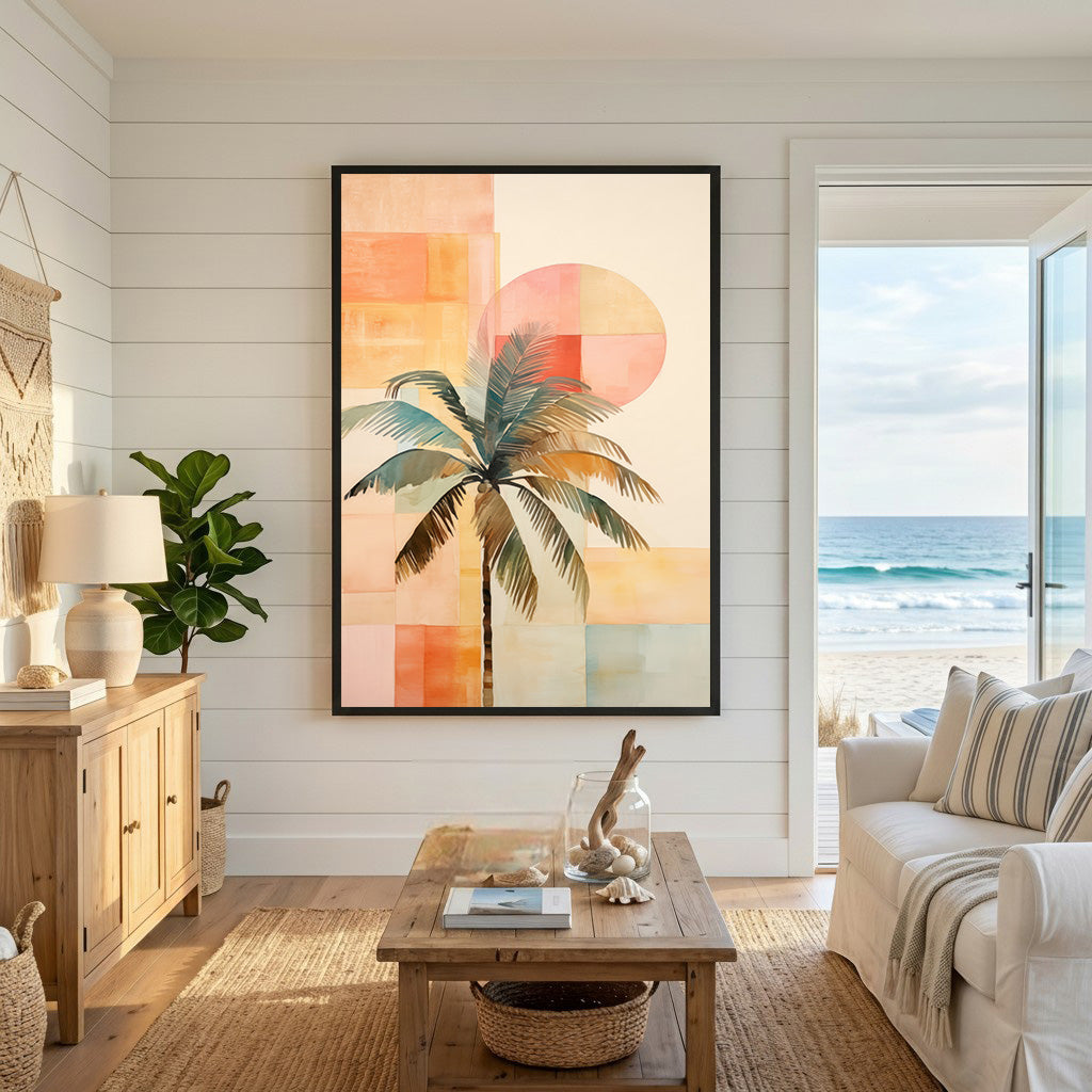Wadi Home abstract palm tree canvas art with watercolor style and geometric sunset hues. Ready to hang.