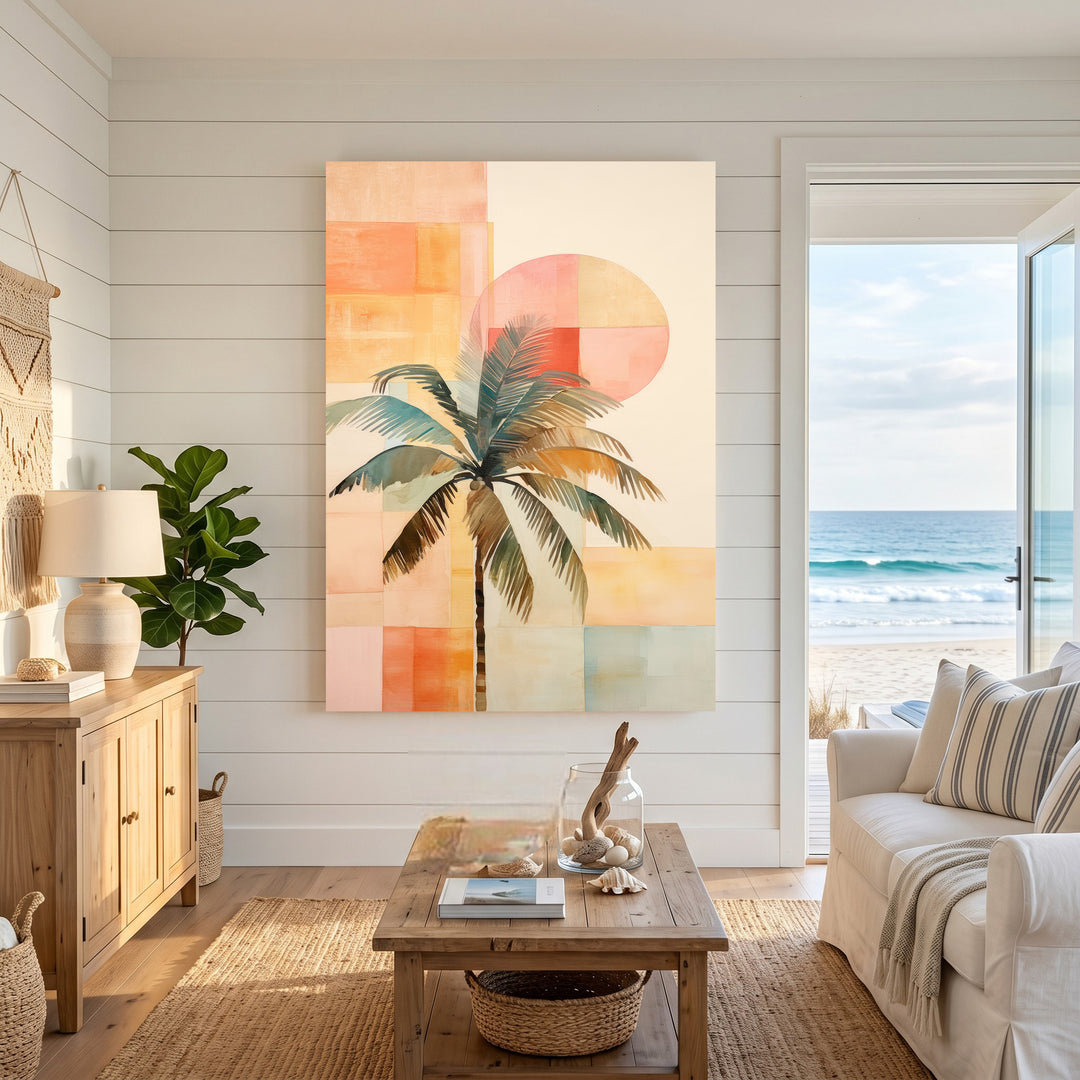 Wadi Home abstract palm tree canvas art with watercolor style and geometric sunset hues. Modern bohemian decor.