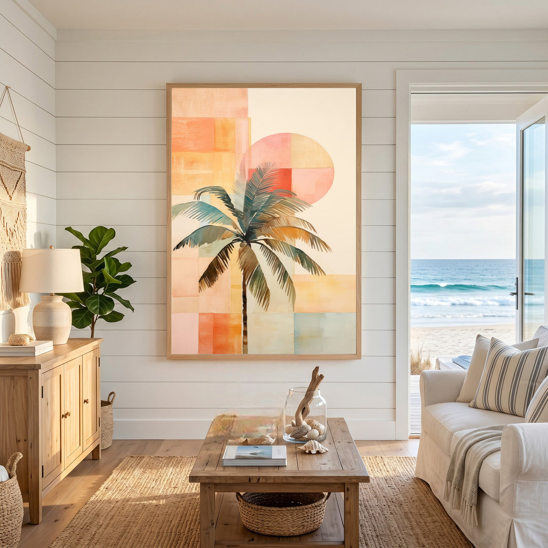 Wadi Home abstract palm tree canvas art with watercolor-style palm and geometric sunset hues.