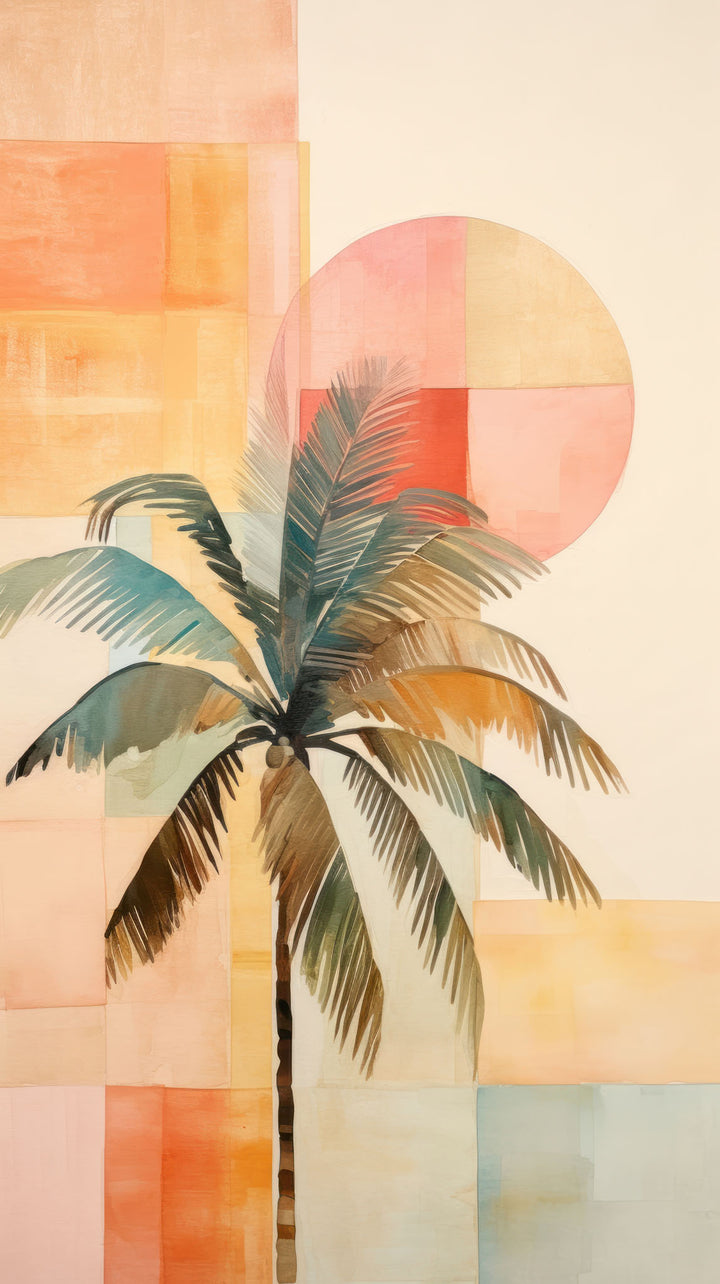 Wadi Home abstract palm tree canvas art with watercolor style and geometric sunset hues. Modern bohemian decor.