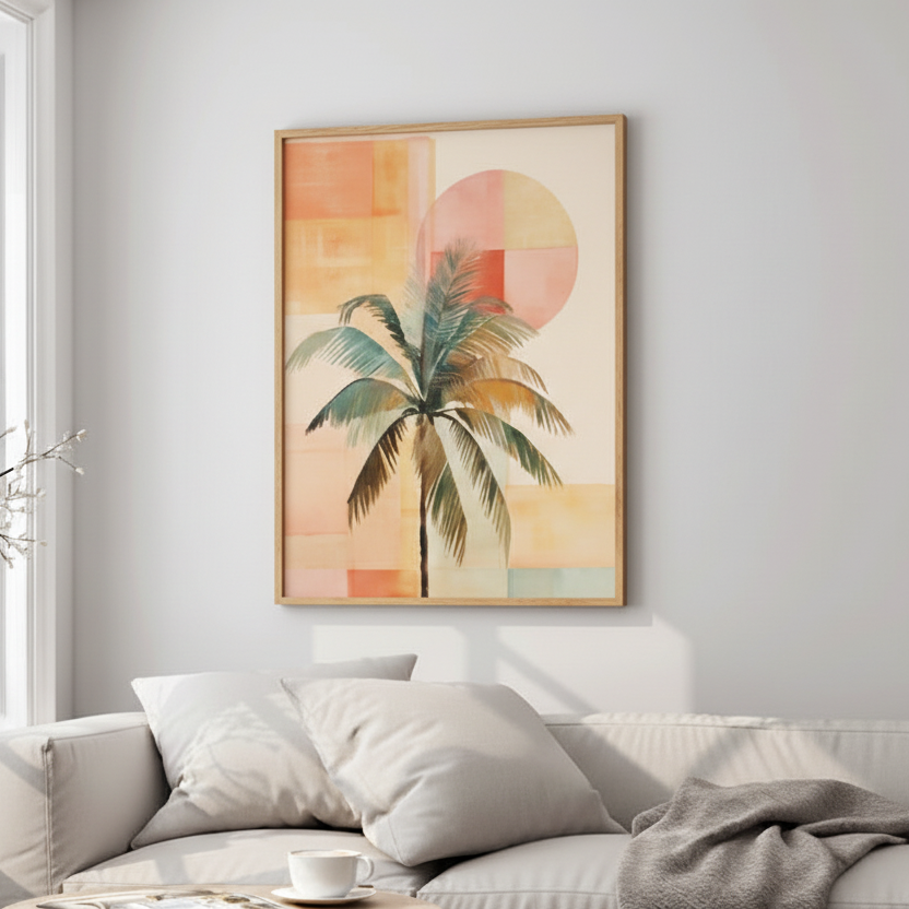 Pastel palm tree wall art with geometric background in modern living room