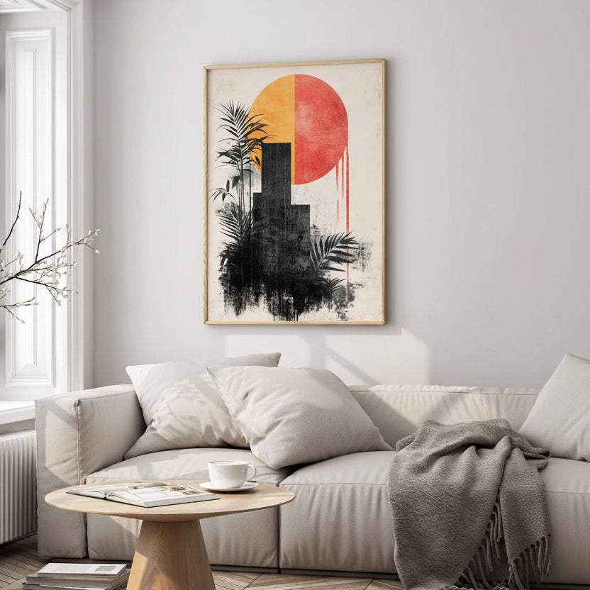 Abstract wall art with urban silhouette, palm leaves, and bold sunset in modern living room