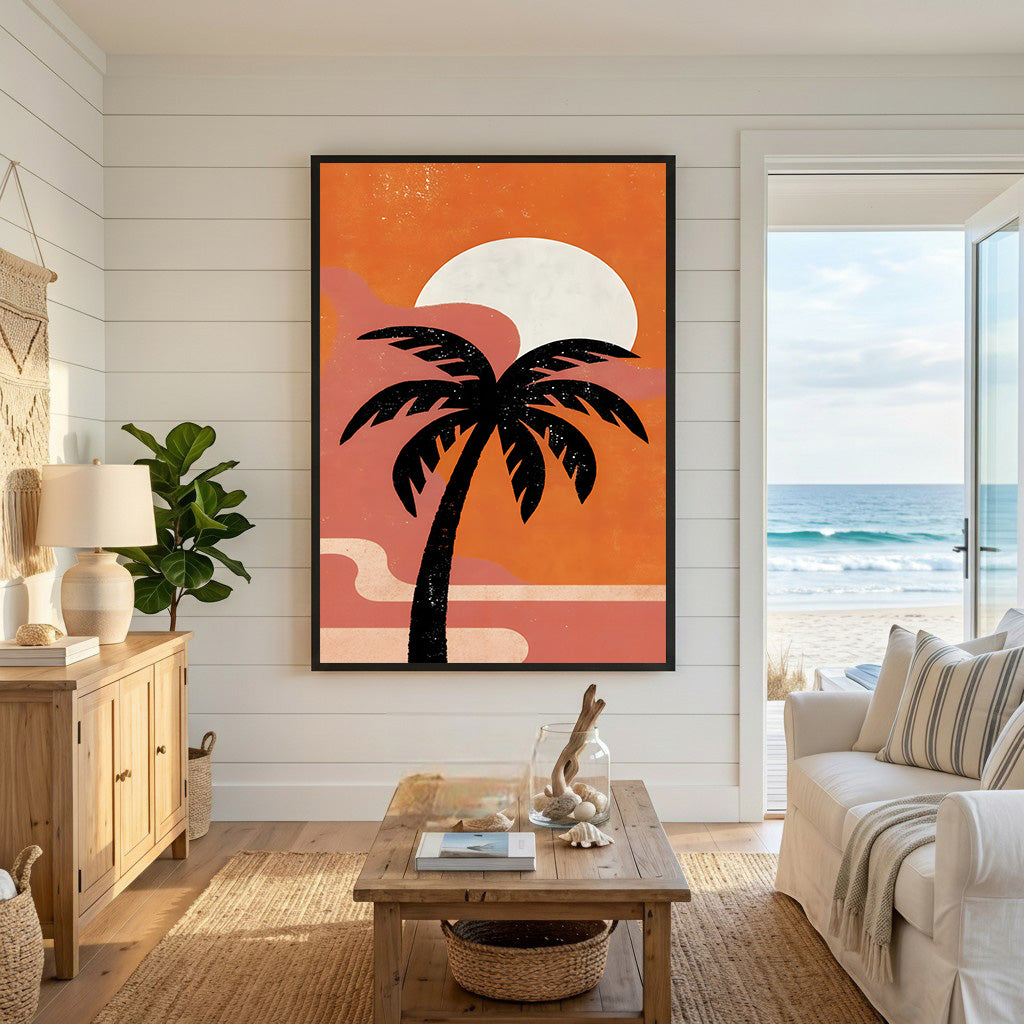 Wadi Home framed tropical palm tree sunset wall art with orange sky and sun.