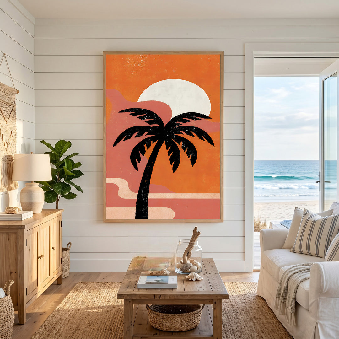 Wadi Home tropical palm tree sunset wall art with black silhouette against orange sky and white sun.