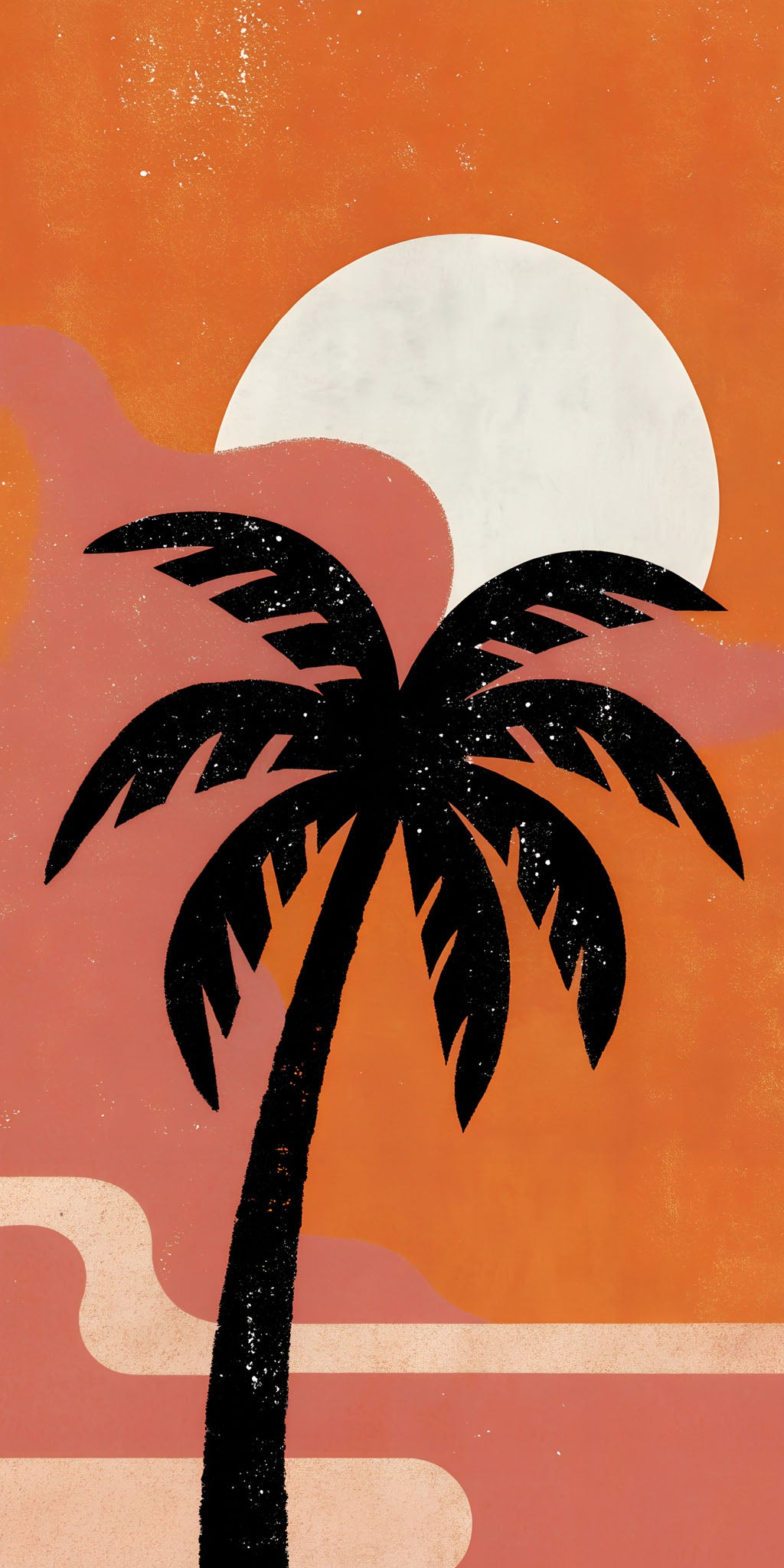 Wadi Home tropical palm tree sunset wall art with black silhouette against orange sky and white sun.