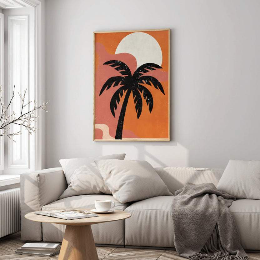 Retro palm tree wall art with sunset and warm orange tones in modern living room