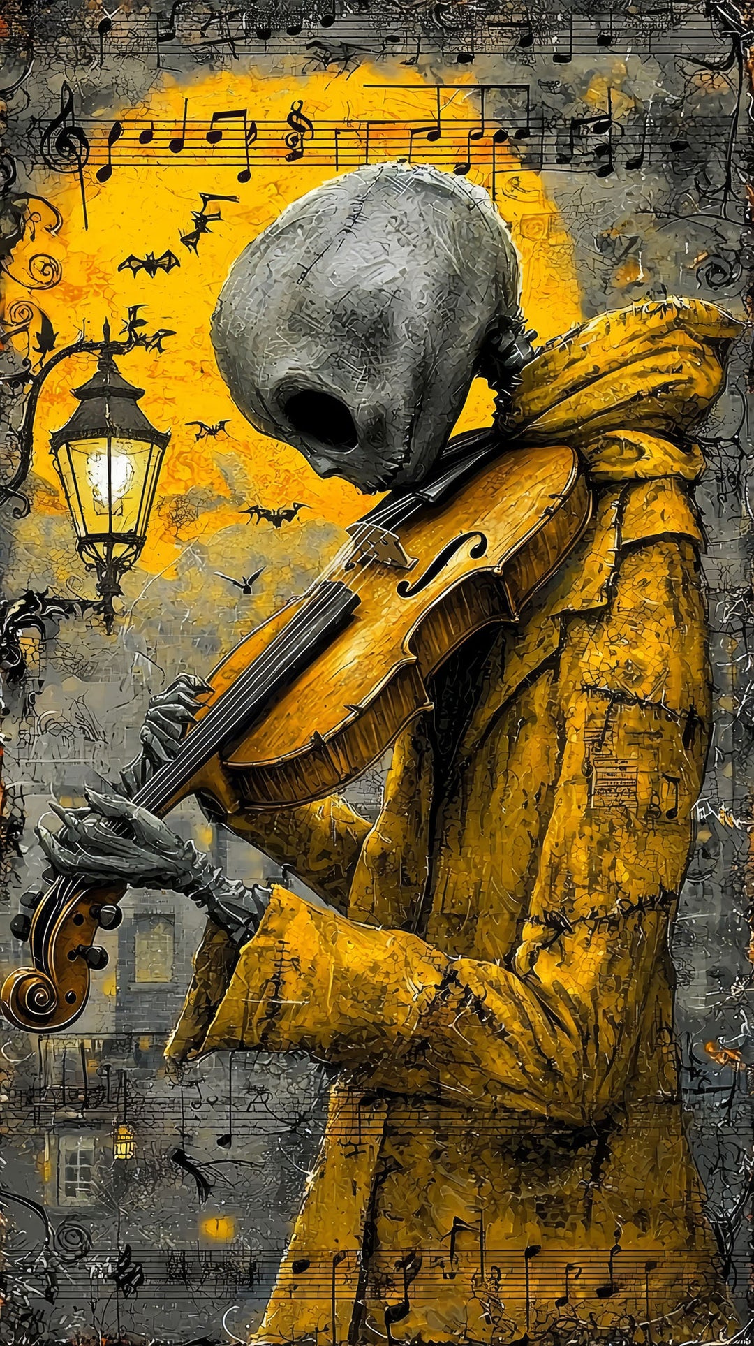Wadi Home Melancholy Musician wall art: skeletal figure in yellow coat plays violin under streetlamp, musical notes background.