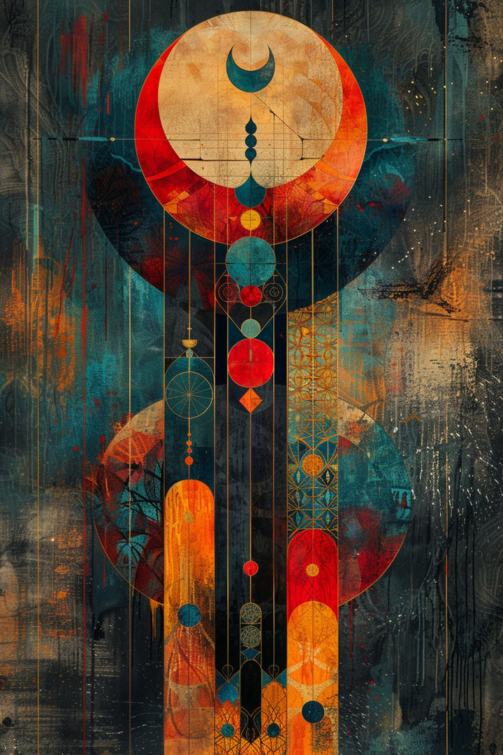 Wadi Home abstract geometric celestial wall art with deep blues, oranges, and reds. Features moon and sun motifs.