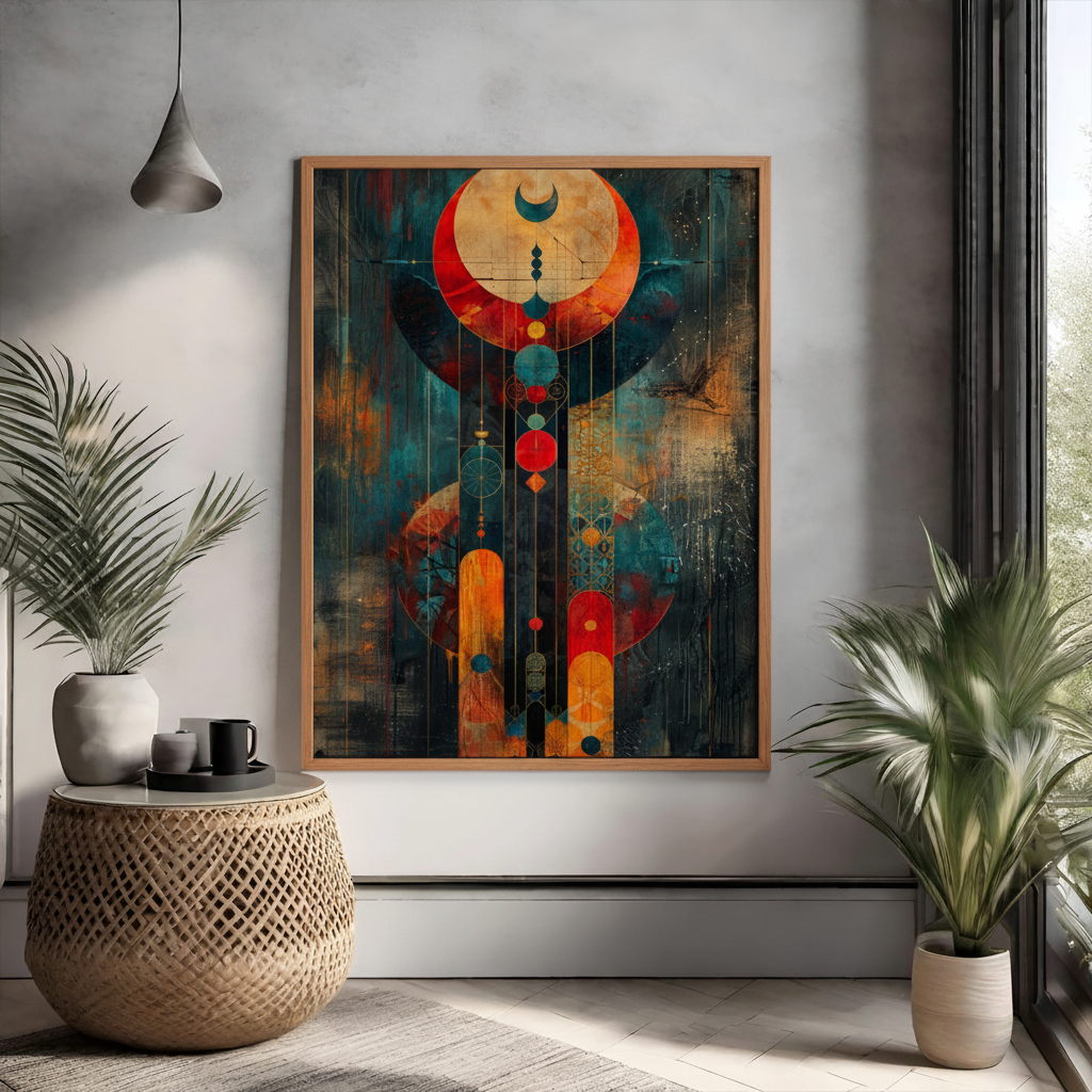 Abstract geometric wall art with celestial shapes and rich textures in modern interior