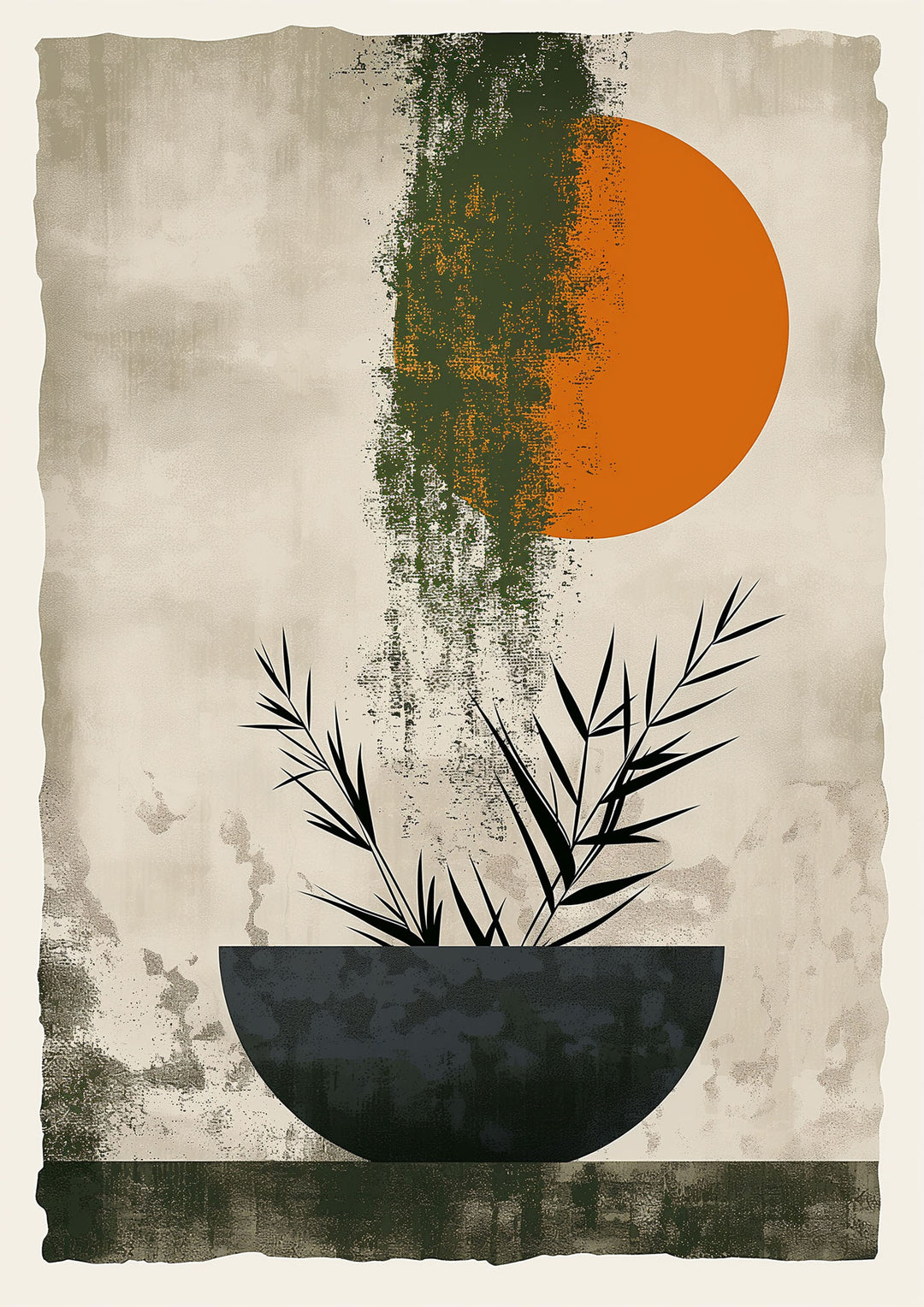 Wadi Home abstract botanical sun wall art with orange sun, green brushstroke, and black plant in a dark bowl.