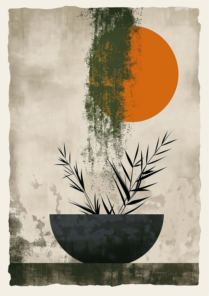 Wadi Home abstract botanical sun wall art with orange sun, green brushstroke, and black plant in a dark bowl.