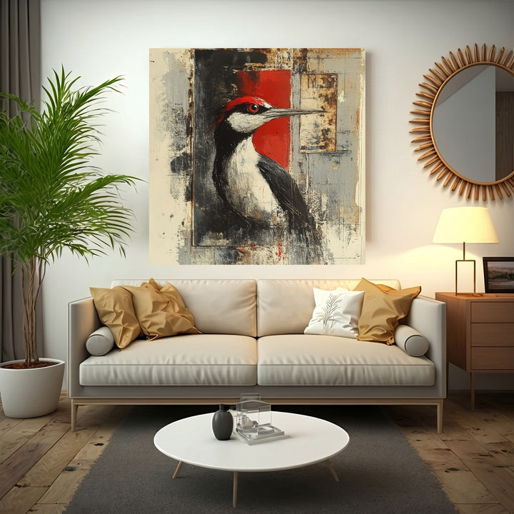 Wadi Home abstract woodpecker wall art with red accents and textured finish.