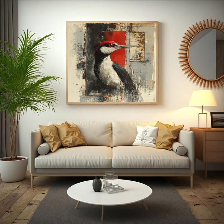 Wadi Home abstract woodpecker wall art with red accents and textured finish, framed in light wood.