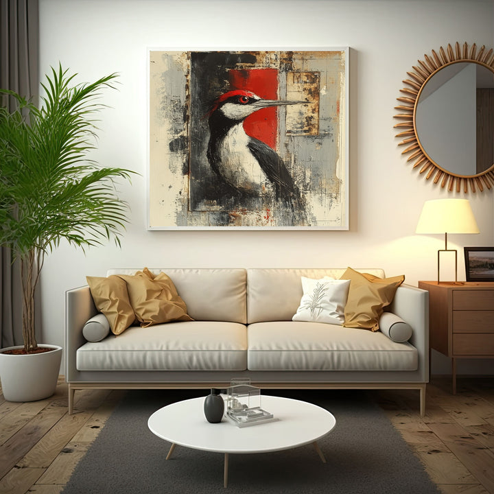 Wadi Home abstract woodpecker wall art print with red accents, black, white, and grey tones.