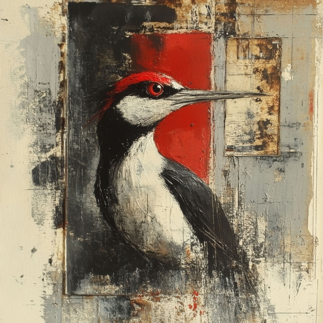 Wadi Home abstract woodpecker wall art with red accents and textured finish.