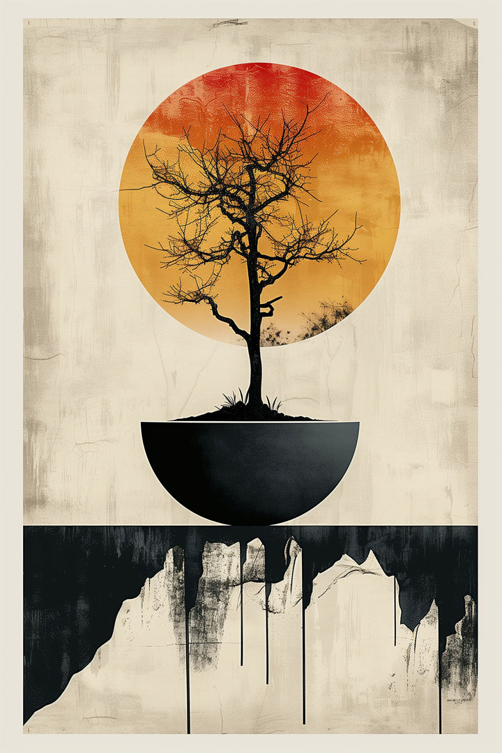 Wadi Home abstract wall art featuring a silhouetted tree in a bowl against a textured orange sun and black abstract base.