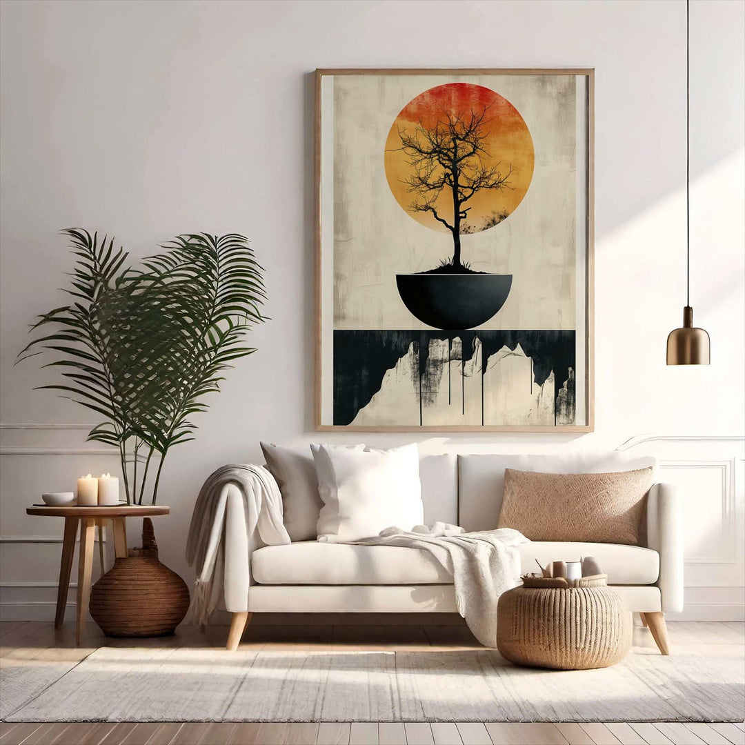 Minimalist wall art with tree silhouette and large sunset over abstract landscape