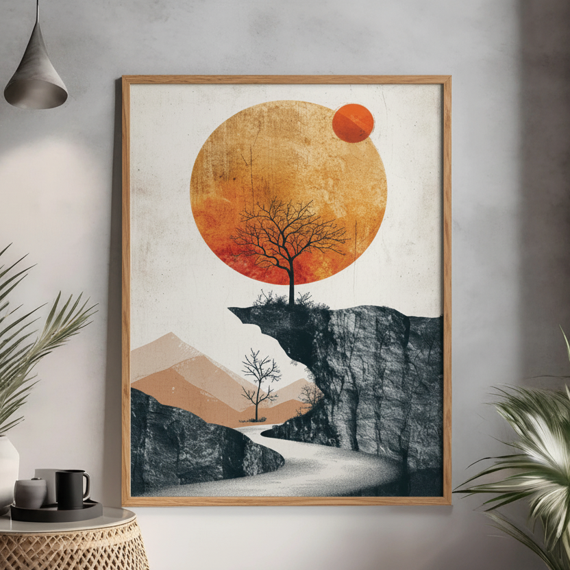 Minimalist wall art with sunset, cliff landscape, and tree silhouette in modern living room