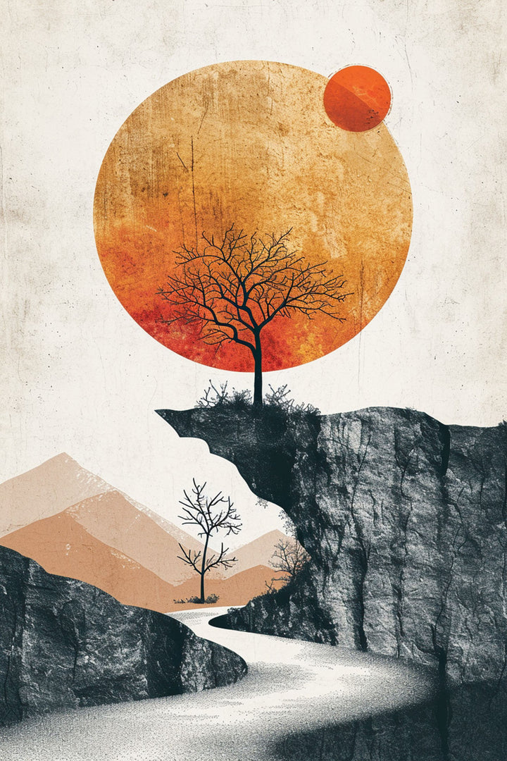 Wadi Home minimalist landscape wall art with a lone tree on a cliff under a large orange sun. Abstract design with warm hues.