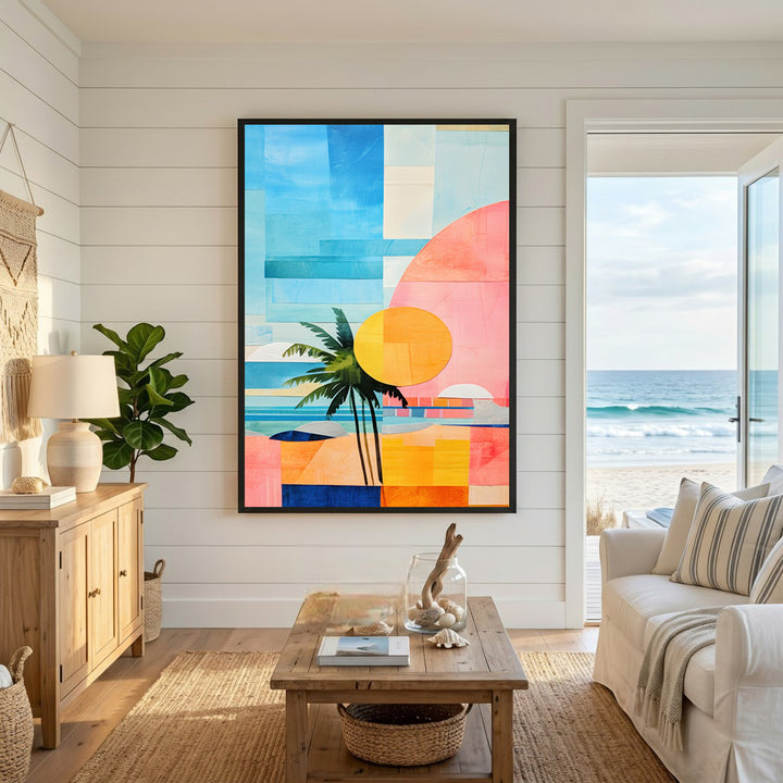 Wadi Home abstract tropical beach art with palm tree, sun, and geometric shapes in blue, pink, and orange.