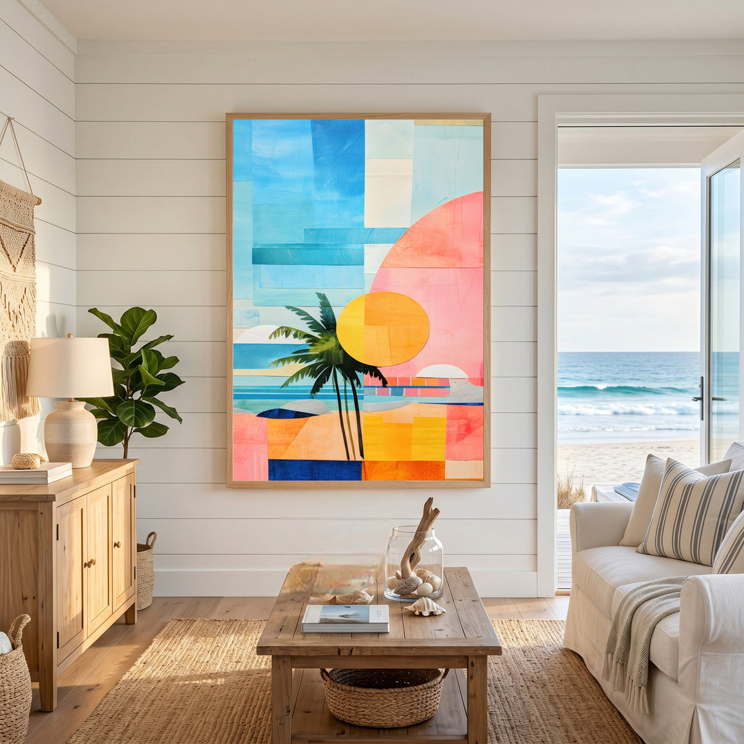 Wadi Home abstract tropical beach landscape art with palm tree, sun, and geometric shapes in blue, pink, and orange.