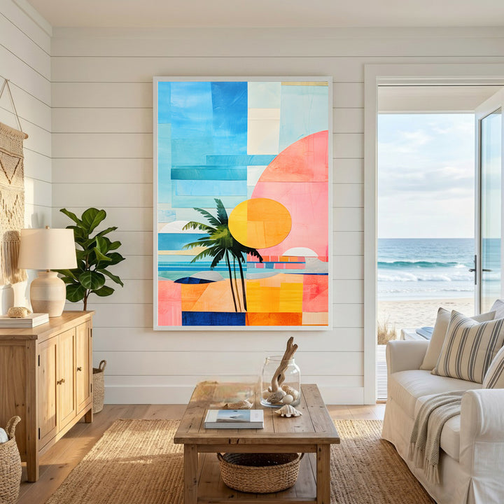 Wadi Home abstract tropical beach art with palm tree, sun, and geometric shapes in blues, pinks, and oranges.