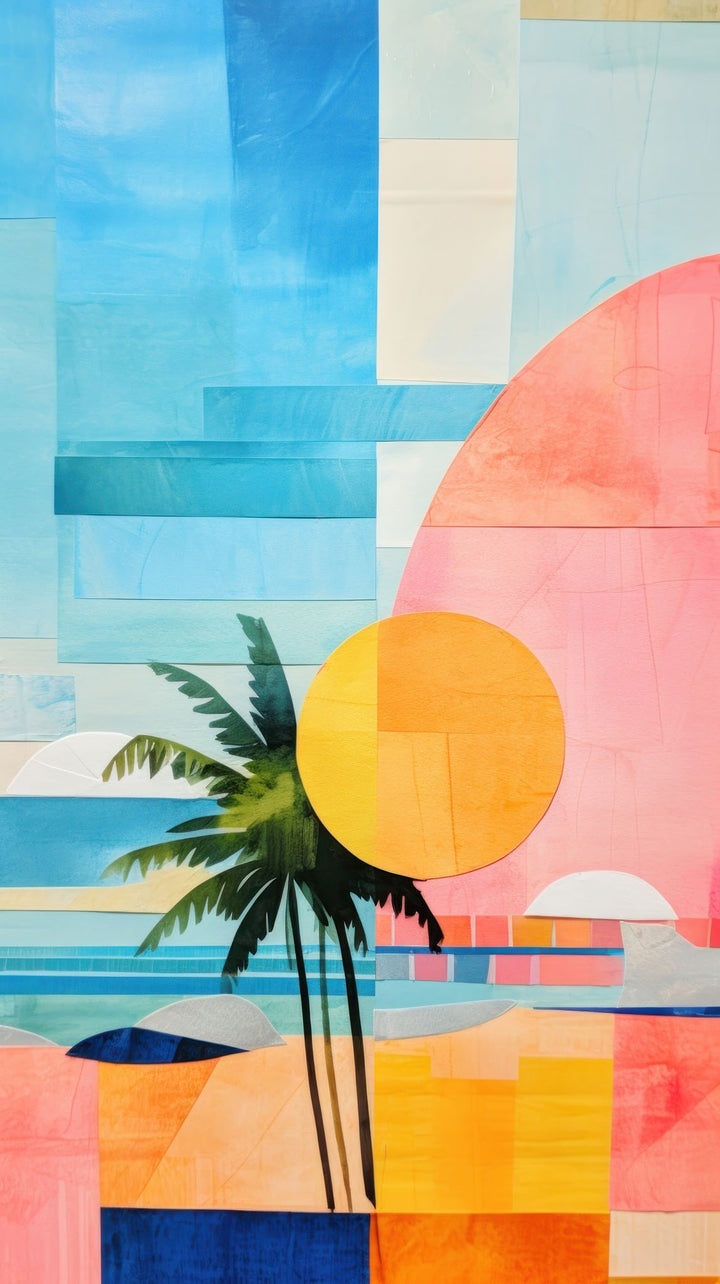 Wadi Home abstract tropical beach art with palm tree, sun, and geometric shapes in blue, pink, and orange.