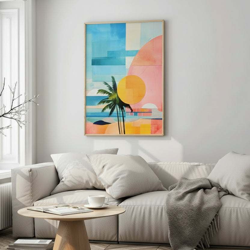 Pastel coastal wall art with palm trees and sunset in modern living room