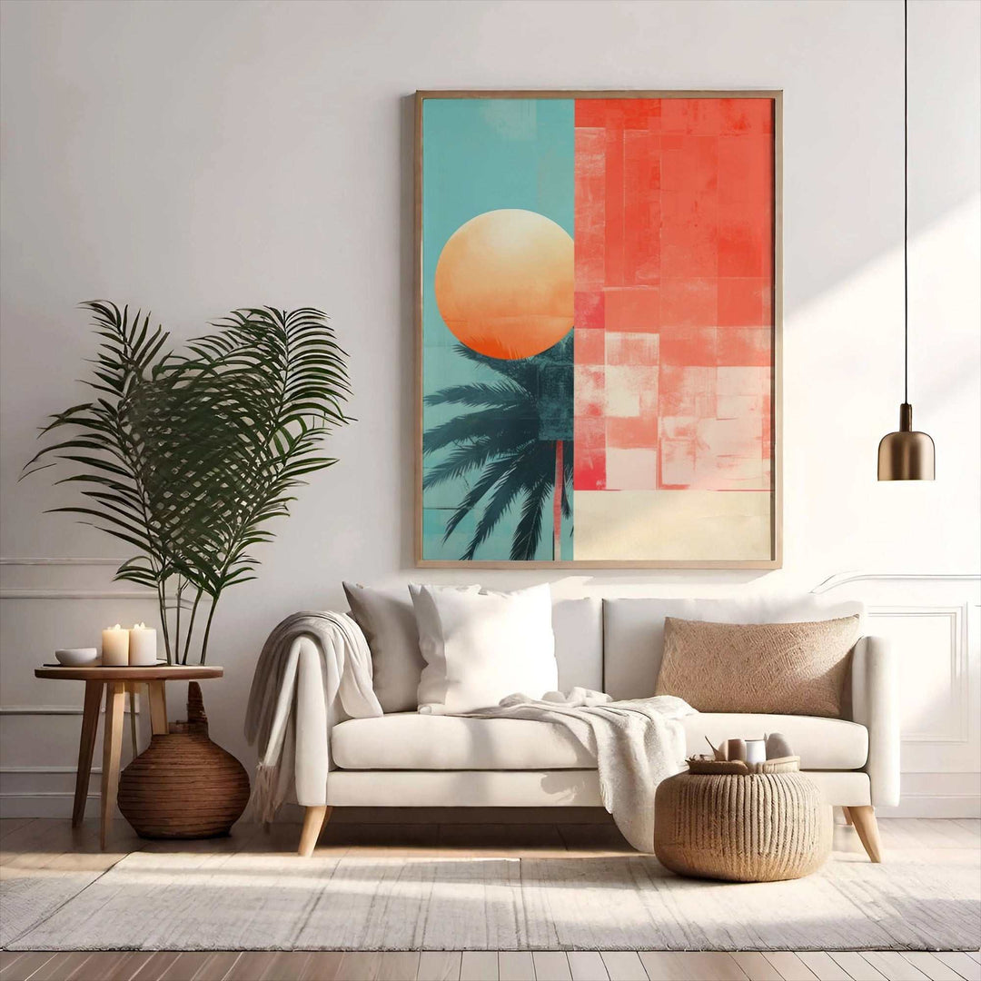 Abstract palm wall art with sunset and geometric blocks in modern living room