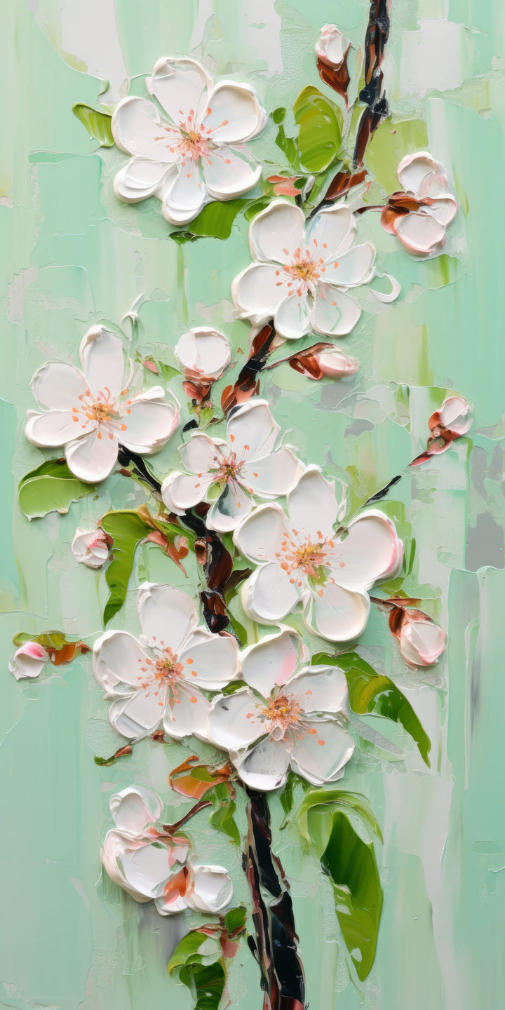 Wadi Home textured cherry blossom branch wall art with impasto white flowers and green leaves on pastel background.