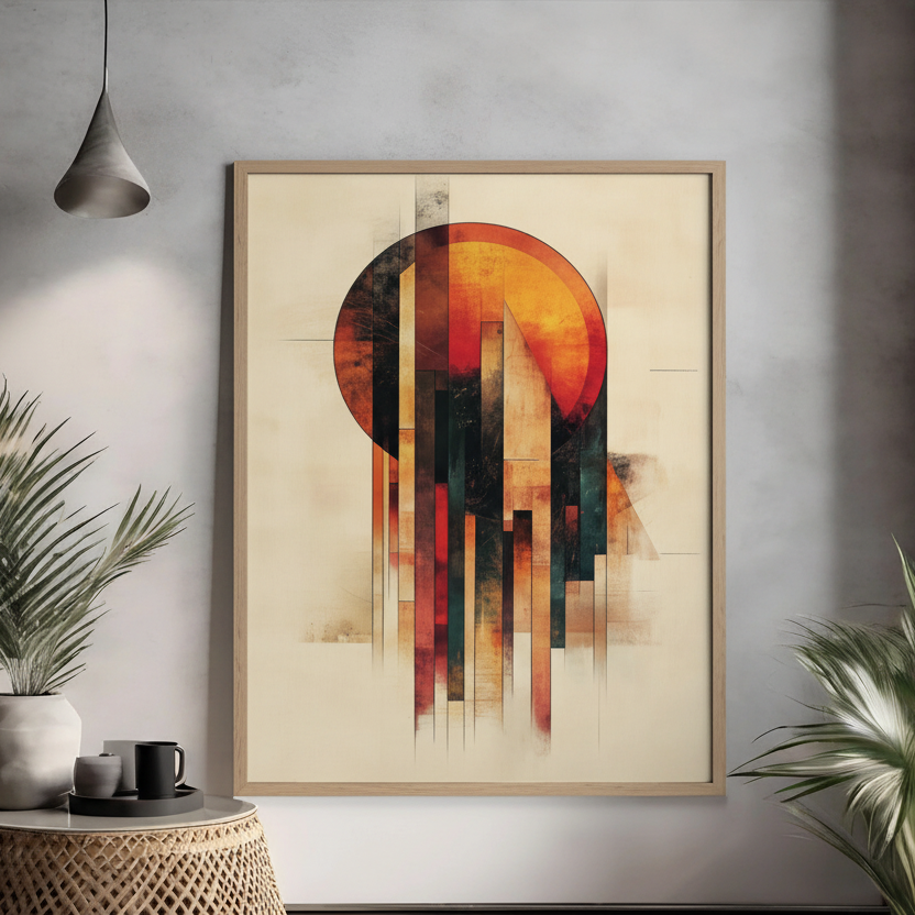 Abstract geometric wall art with sunset tones and layered shapes in modern living room