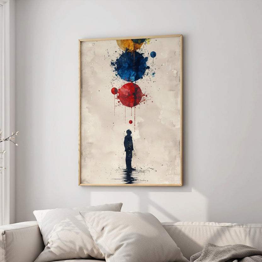 Abstract wall art with silhouette figure and colorful floating circles in modern interior