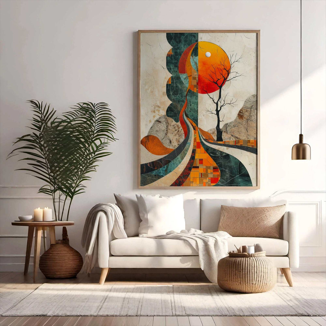 Abstract landscape wall art with flowing shapes, tree silhouette, and bold sunset in modern interior