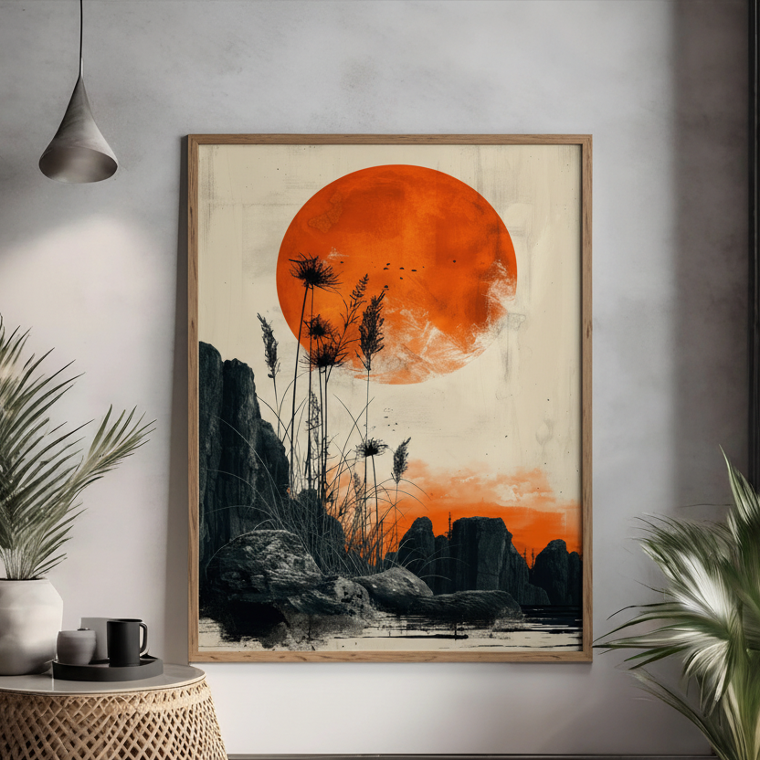 Abstract sunset landscape wall art with orange sun, rocks, and plants in modern interior
