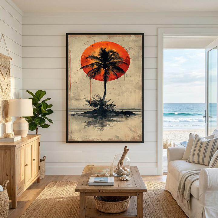 Wadi Home tropical sunset palm tree wall art with vibrant orange sun and painterly style.