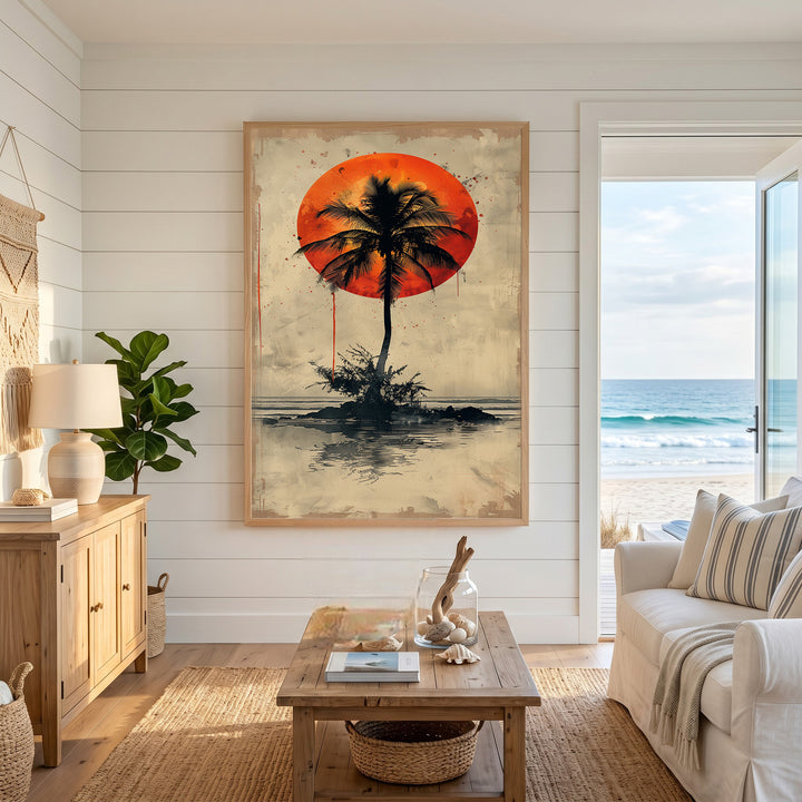 Wadi Home tropical sunset palm tree wall art with vibrant orange sun and reflection on water.